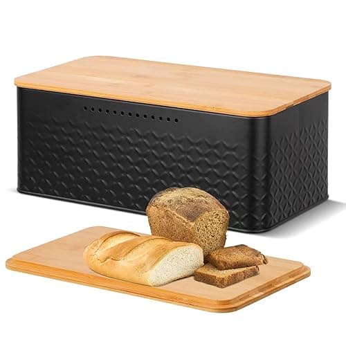 Chuboir Bread Bin, Metal Bread Box with Bamboo Lid Usable as Cutting Board, Bread Storage Container Holder for Kitchen Countertop, 13 x 7 x 5.3 inch (Black)