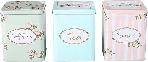 CrazyGadget ® 3PC Square Tea Sugar & Coffee Canisters - Metal Vintage Style Floral Shabby Chic Kitchen Storage 15cm Tall 11cm Diameter Attractive Soft Pastel Green Blue & Peach Tones. - Kitchen Storage