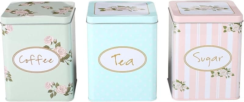 CrazyGadget ® 3PC Square Tea Sugar & Coffee Canisters - Metal Vintage Style Floral Shabby Chic Kitchen Storage 15cm Tall 11cm Diameter Attractive Soft Pastel Green Blue & Peach Tones. - Kitchen Storage