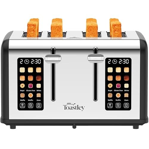 Toastley 4 Slice Smart Toaster with Touchscreen Controls, Dual 4.4" Screens, 6 Browning Levels & 6 Bread Modes, Extra-Wide 120mm Slots, Bagel/Defrost/Reheat, 1760W, Matt Black - Toasters
