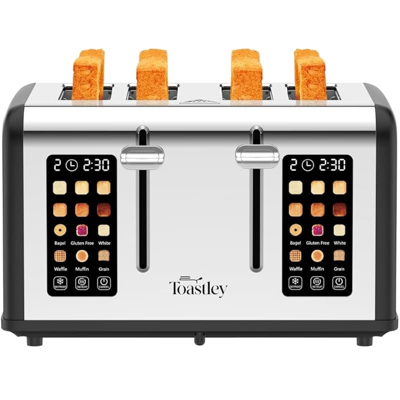 Toastley 4-Slice Toaster with Touchscreen Controls, Extra-Wide Slots, Bagel & Defrost Settings, Digital Countdown Timer, Dual Independent Panels, 1760W, Matt Black - Toasters