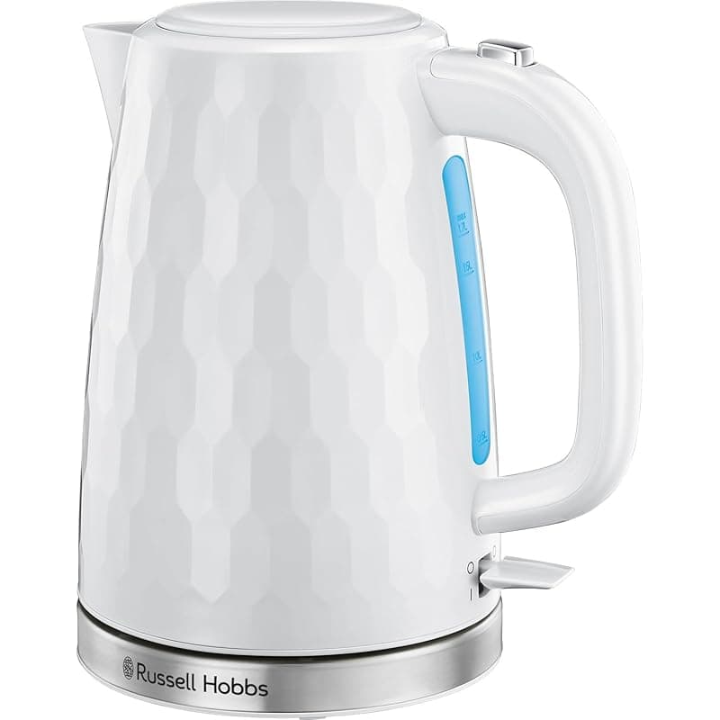 Russell Hobbs Honeycomb Electric 1.7L Cordless Kettle (Fast Boil 3KW, White premium plastic, matt & high gloss finish, Removable washable anti-scale filter, Push button lid, Perfect pour spout) 26050 - Kettles