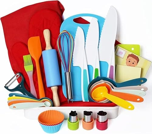 Kidz Cooking and Baking Supplies Set with Gift Storage Box, Complete Junior Chef Cooking Kit, Girlz & Boyz Childrenz Real Bakeware Accessories Tools, Real Cookware and Baking Utensils Sets for Kidz