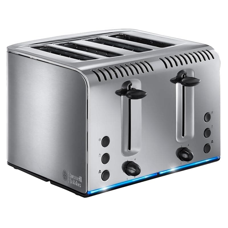 Russell Hobbs 4 Slice Buckingham Toaster with Fast Toast Technology - (Blue Light Strip indicates Toasting, Independent & Extra Wide Slots, 2400W, Polished & Brushed Stainless Steel) 20750 - Toasters