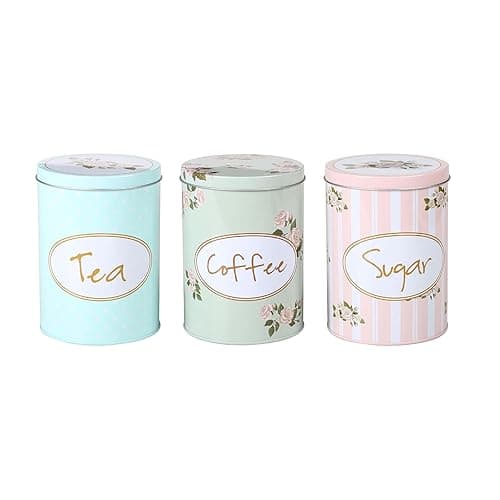 CrazyGadget ® 3PC Round Tea Sugar & Coffee Canisters - Metal Vintage Style Floral Shabby Chic Kitchen Storage 15cm Tall 11cm Diameter Attractive Soft Pastel Green Blue & Peach Tones. - Kitchen Storage