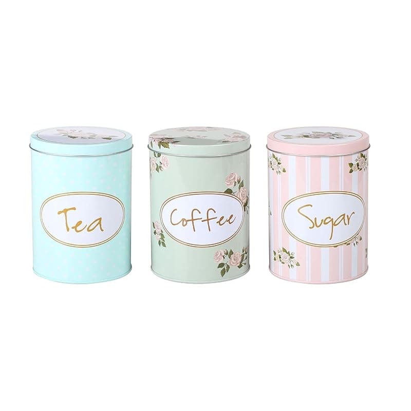 CrazyGadget ® 3PC Round Tea Sugar & Coffee Canisters - Metal Vintage Style Floral Shabby Chic Kitchen Storage 15cm Tall 11cm Diameter Attractive Soft Pastel Green Blue & Peach Tones. - Kitchen Storage