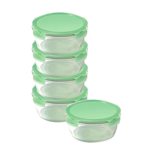 LocknLock Eco Ovenglass Glass Food Containers with Lids Set of 5 - Airtight, Leakproof Round Food Storage Containers with Recycled Plastic Lids, Oven Safe, Dishwasher Safe, 5 x 950ml - Food Storage