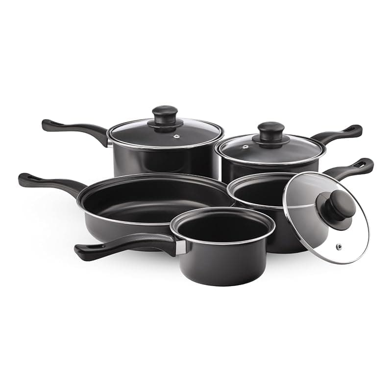 Pendeford Value Plus Pendeford Cookware Set | Non-Stick Carbon Steel Pans, Tempered Glass Heat Resistant Lids | Easy Clean, Lightweight, Dishwasher Safe | For All Hobs Except Induction, Multi-Colour - Cookware