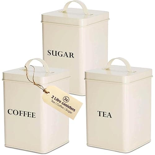 andrew james Tea Coffee Sugar Canisters Set for Home or Office, Vintage Style Kitchen Storage Set, Rust Resistant Powder Coated Tea Caddies, Store Coffee Granules Teabags Sugar - Kitchen Storage