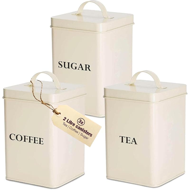 andrew james Tea Coffee Sugar Canisters Set for Home or Office, Vintage Style Kitchen Storage Set, Rust Resistant Powder Coated Tea Caddies, Store Coffee Granules Teabags Sugar - Kitchen Storage