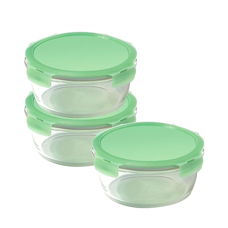 LocknLock Eco Ovenglass Glass Food Containers with Lids Set of 3 - Airtight, Leakproof Round Food Storage Containers with Recycled Plastic Lids, Oven Safe, Dishwasher Safe, 3 x 950ml - Food Storage