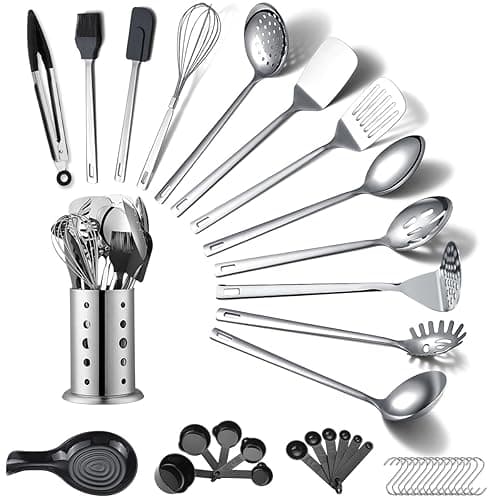 ReaNea Stainless Steel Kitchen Utensils Set 40 Pieces, Cooking Utensil Set with Utensils Holder, Kitchen Gadgets Kitchen Essentials New Home, House, Appartment Must Have, Metal Spatula Set - Kitchen Tools Gadgets