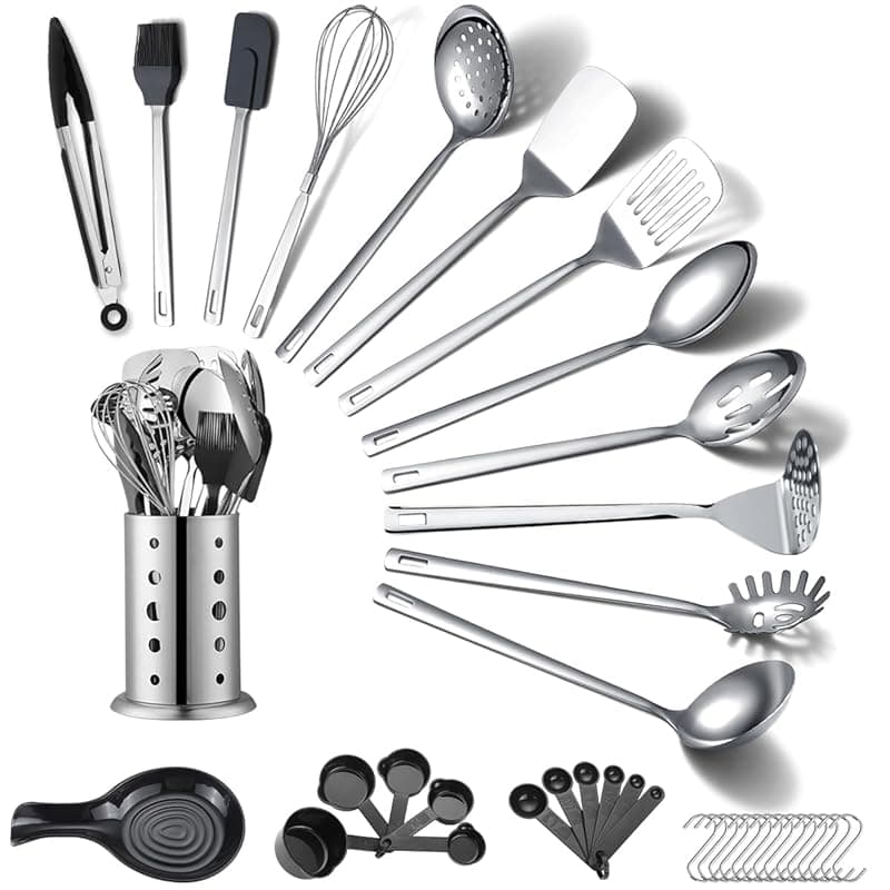 ReaNea Stainless Steel Kitchen Utensils Set 40 Pieces, Cooking Utensil Set with Utensils Holder, Kitchen Gadgets Kitchen Essentials New Home, House, Appartment Must Have, Metal Spatula Set - Kitchen Tools Gadgets