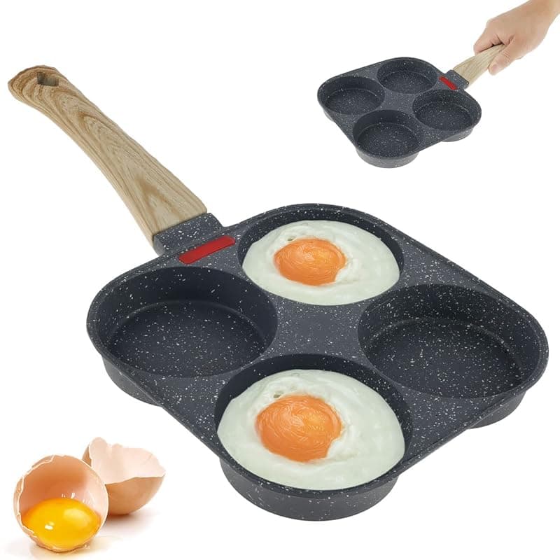 Your's Bath Non-Stick Frying Pan with 4 Hole Mini Egg Cooker Omelet Skillet with Wood Handle Easy to Clean Multi Pancake Aluminum Fried Egg Burger Pan for Breakfast - Multi Cookers