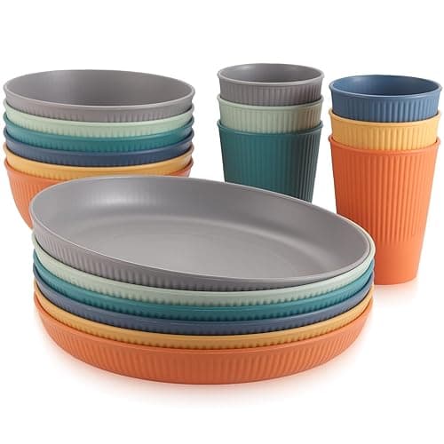 Anbte 18pcs Unbreakable Plastic Dinner Set for 6 - Stackable BPA-Free Plates & Bowls for Camping, Microwave Safe & Dishwasher Safe, Outdoor Picnic Party BBQ Tableware Reusable