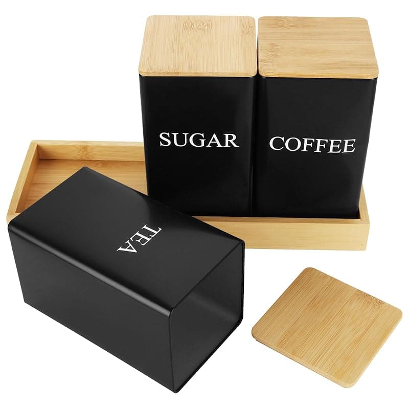 MEIDIV Set of 3 Black Tea Coffee Sugar Canisters Set, Metal Tea Coffee Sugar Containers, Kitchen Storage Containers with Bamboo Lid with Tray - Kitchen Storage