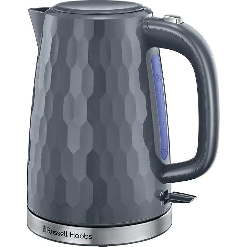Russell Hobbs Honeycomb Electric 1.7L Cordless Kettle (Fast Boil 3KW, Grey premium plastic, matt & high gloss finish, Removable washable anti-scale filter, Push button lid, Perfect pour spout) 26053 - Kettles
