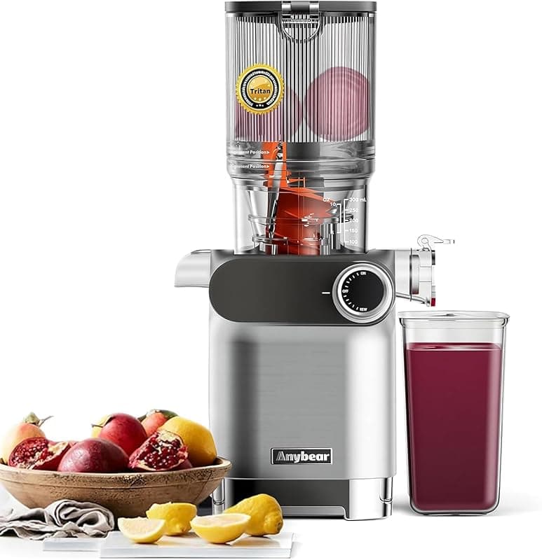 anybear Cold Press Juicer, 200W Masticating Slow Juicer 4.3" Large Feed Chute Fit Whole Fruits Vegetables | Upgraded Auger | Tritan Materials | BPA Free | Juice Recipes (Silver Gray) - Juicers