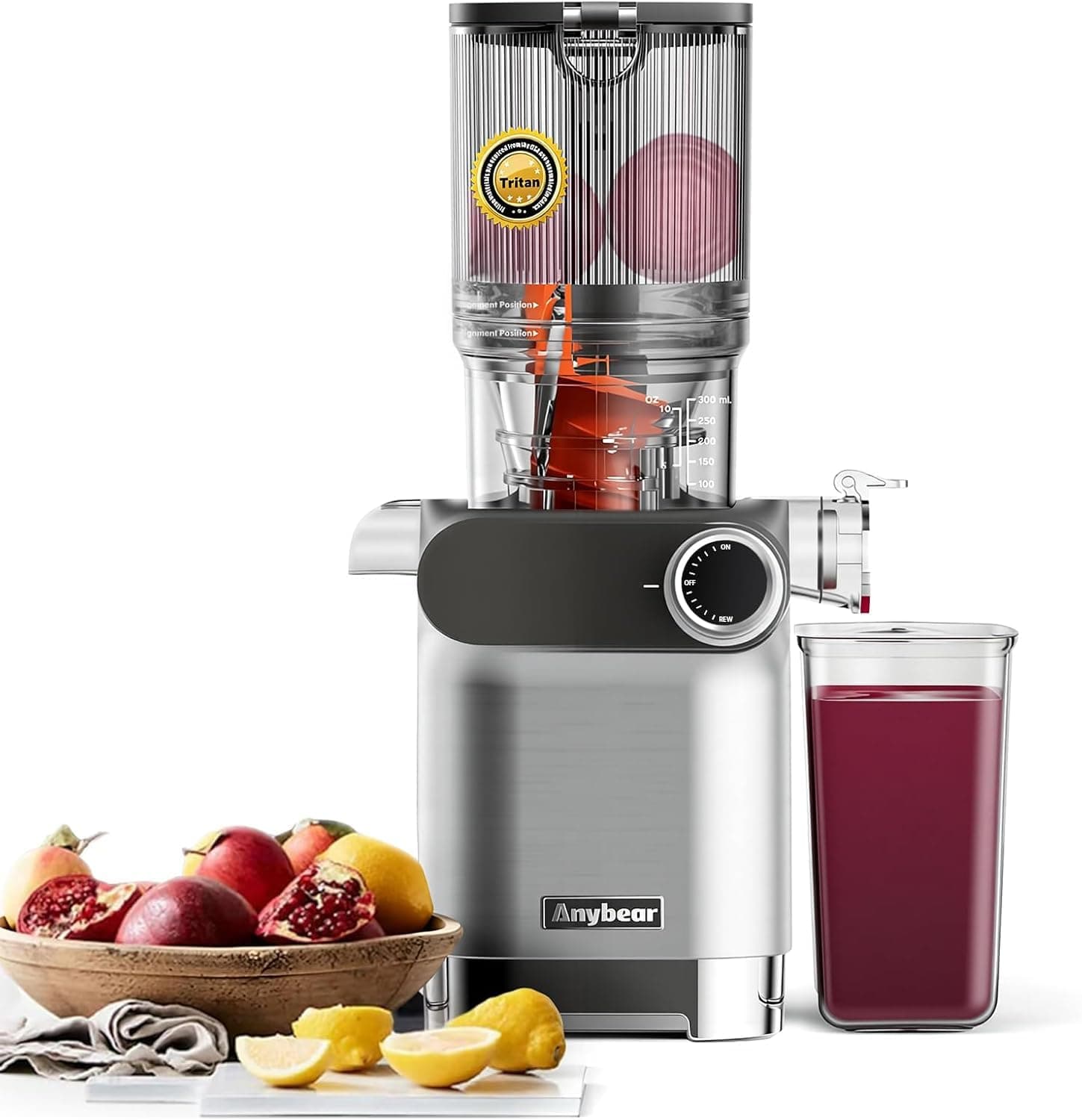 Anybear Cold Press Juicer, 200W Masticating Slow Juicer 4.3" Large Feed Chute Fit Whole Fruits Vegetables | Upgraded Auger | Tritan Materials | BPA Free | Juice Recipes (Silver Gray) - Juicers