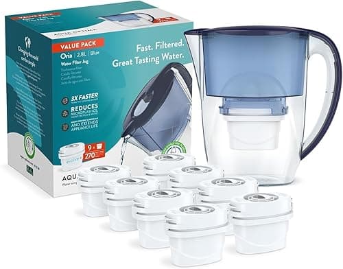 Aqua Optima Oria Water Filter Jug & 9 Evolve+ Filter Cartridge 2.8L Blue - Fridge & Dishwasher Friendly, Easy Fill - Reduces Limescale, Chlorine & Other Impurities - By LAICA (Packaging May Vary) - Water Filters