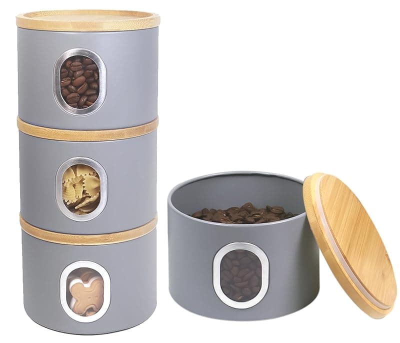 LENAK Tea Coffee Sugar Canister Set, Stackable Airtight Food Storage, Kitchen Storage Containers, Jars Tin With Transparent Window (Grey) - Kitchen Storage