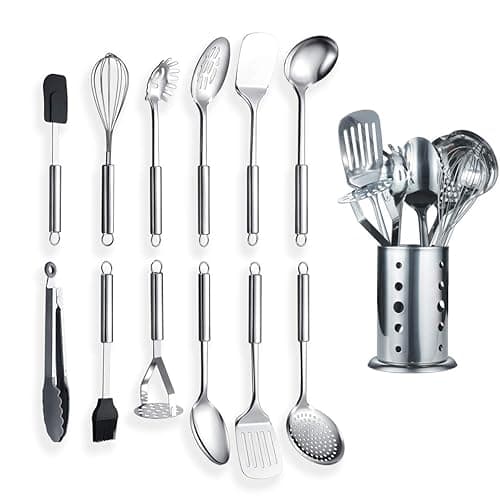 Berglander Stainless Steel Kitchen Utensil 12 Piece with 1 Stand, Cooking Spoon, Kitchen Tools Cooking Utensil with Holder. (13 Pieces) - Kitchen Tools Gadgets