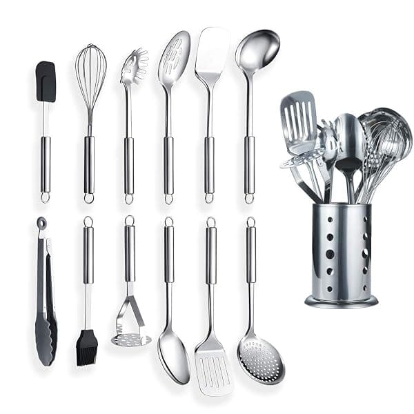 Berglander Stainless Steel Kitchen Utensil 12 Piece with 1 Stand, Cooking Spoon, Kitchen Tools Cooking Utensil with Holder. (13 Pieces) — Kitchen Tools Gadgets deal