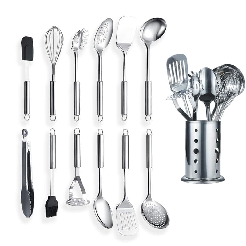 Berglander Stainless Steel Kitchen Utensil 12 Piece with 1 Stand, Cooking Spoon, Kitchen Tools Cooking Utensil with Holder. (13 Pieces) - Kitchen Tools Gadgets