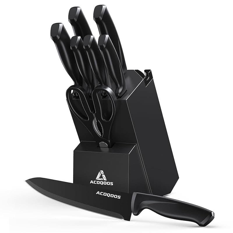 ACOQOOS Knife Set with Block, 10 Piece Stainless Steel Kitchen Knives with Built-in Sharpener for Everyday Kitchen Use - Kitchen Knives