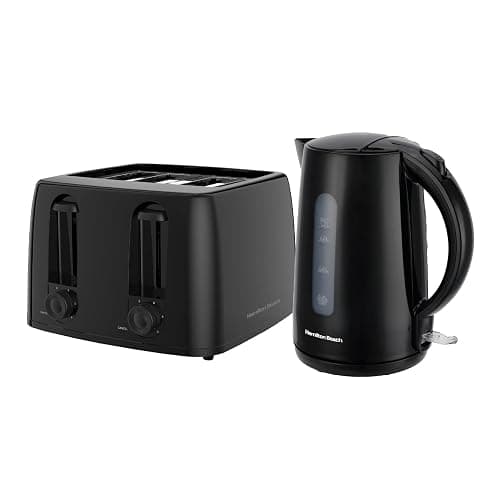 Hamilton Beach Kettle and Toaster Set, Electric Kettle, 1.7L, Toaster 4 Slice, Boil Dry Protection, Fast Boil, Space Saving, 7 Browning Levels, Defrost, Reheat & Cancel, Black - HB13015032BST - Toasters