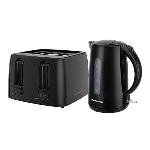 Hamilton Beach Kettle and Toaster Set, Electric Kettle, 1.7L, Toaster 4 Slice, Boil Dry Protection, Fast Boil, Space Saving, 7 Browning Levels, Defrost, Reheat & Cancel, Black - HB13015032BST - Toasters