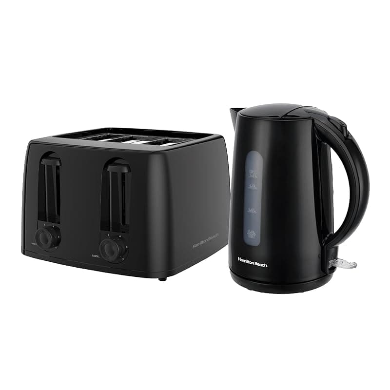 Hamilton Beach Kettle and Toaster Set, Electric Kettle, 1.7L, Toaster 4 Slice, Boil Dry Protection, Fast Boil, Space Saving, 7 Browning Levels, Defrost, Reheat & Cancel, Black - HB13015032BST - Toasters