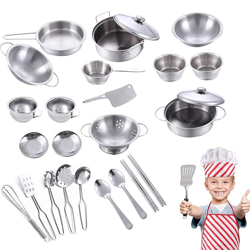 GUIJZSLTRG 25Pcs Kids Play Kitchen Accessories Kitchen Pretend Toy Set, Stainless Steel Cookware Cooking Utensils Pan Toys Set Educational Toys for Kids Toddlers Christmas Birthday or Everyday Gifts - Kitchen Tools Gadgets
