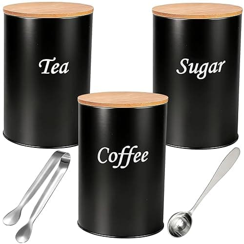 Houbobo Tea Coffee Sugar Canisters Set, 3-Piece Airtight Metal Food Storage Tins with 5ml Spoon and Sugar Tongs, Canisters Set with Wooden Lids for Kitchen Counter Organization (Black, 15cm H) - Kitchen Storage
