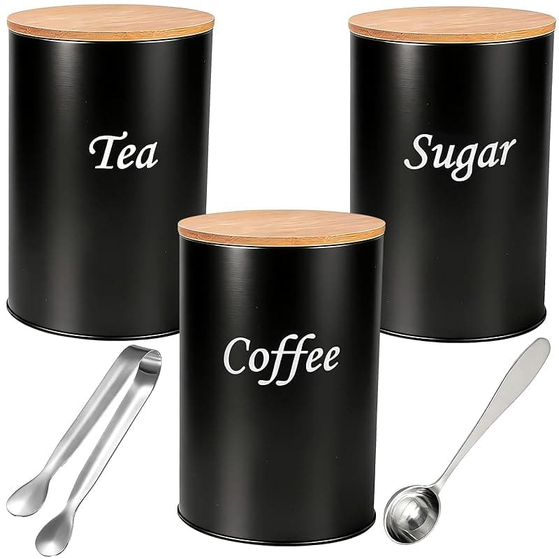Houbobo Tea Coffee Sugar Canisters Set, 3-Piece Airtight Metal Food Storage Tins with 5ml Spoon and Sugar Tongs, Canisters Set with Wooden Lids for Kitchen Counter Organization (Black, 15cm H) - Kitchen Storage