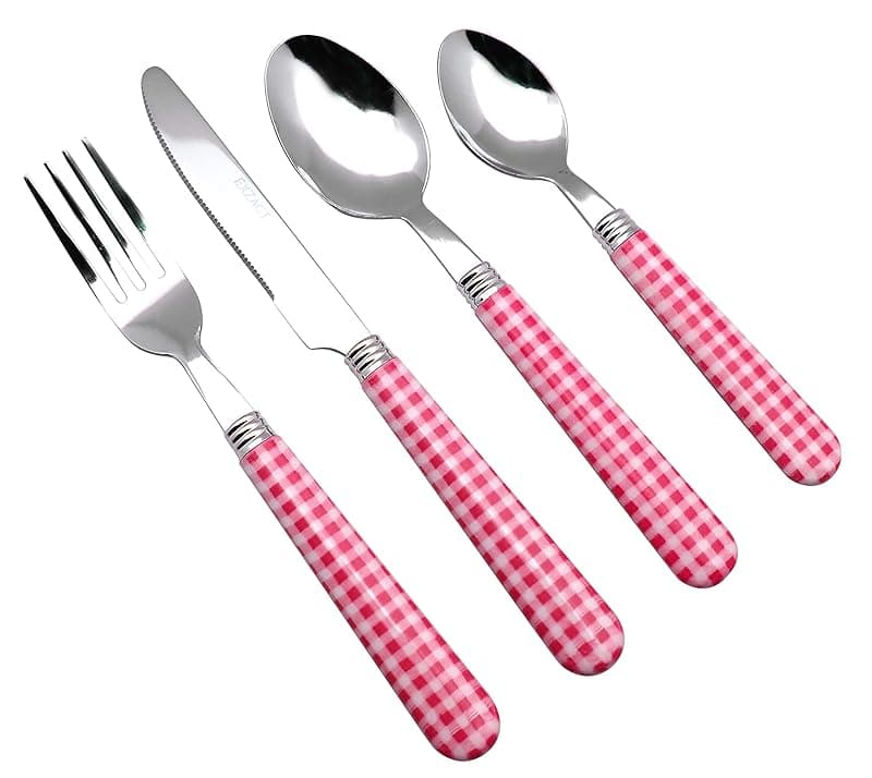 EXZACT Cutlery Set 24pcs Stainless Steel with Gingham Check Coloured Handles - 6 x Forks, 6 x Dinner Knives, 6 x Table Spoons, 6 x Tea Spoons (Pink x 24 pcs) - Tableware