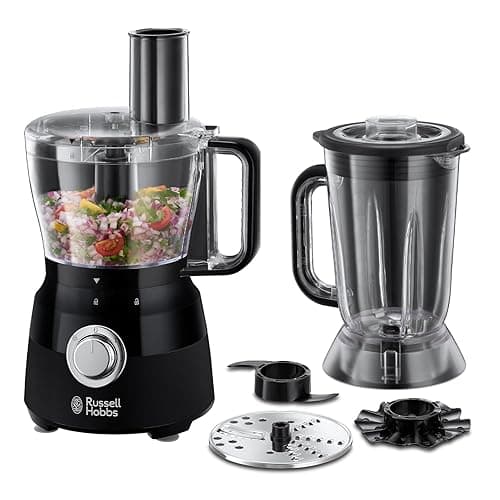 Russell Hobbs Desire Electric Food Processor, Bowl with 1.5L usable capacity, 1.5L Plastic jug, Stainless steel blades, reversible slicing/shredding disk, dough hook & creaming disk inc, 600W, 24732