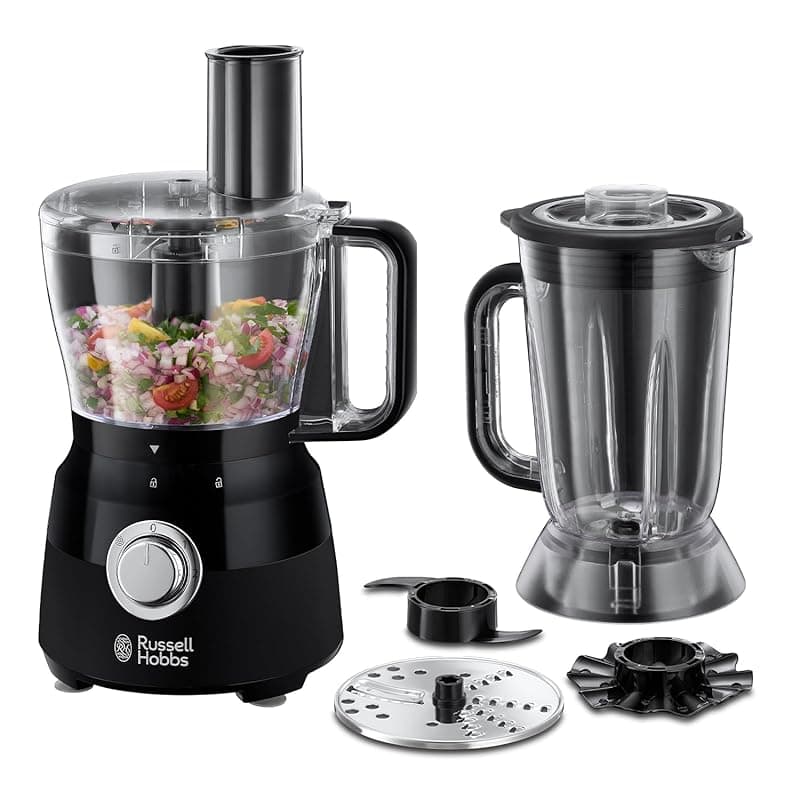 Russell Hobbs Desire Electric Food Processor, Bowl with 1.5L usable capacity, 1.5L Plastic jug, Stainless steel blades, reversible slicing/shredding disk, dough hook & creaming disk inc, 600W, 24732 - Food Processors