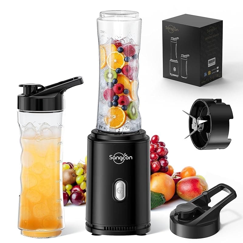 Sangcon-EP Sangcon Mixer Smoothie Maker,Electric Portable Sports Blender for Shakes and Smoothies, with 2 BPA-Free 600ML Tritan To Go Bottles + 2 Drinking Caps, 4-Blade Knife, Pulse Button, Black - Blenders