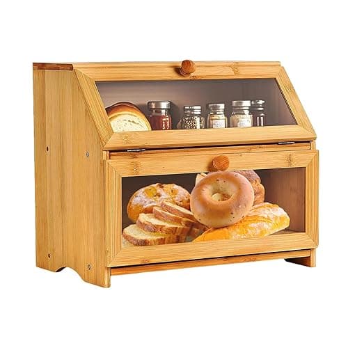Gute Double Layer Bamboo Bread Box with Transparent Window - Large Capacity 2-Tier Kitchen Storage Organizer for Bread, Muffins, Bagels Countertop Bread Bin (15.35"x9.84"x12.6") - Kitchen Storage