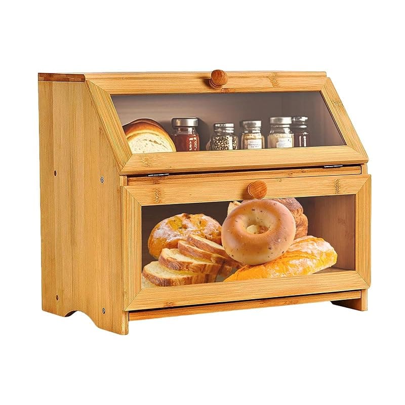 Gute Double Layer Bamboo Bread Box with Transparent Window - Large Capacity 2-Tier Kitchen Storage Organizer for Bread, Muffins, Bagels Countertop Bread Bin (15.35"x9.84"x12.6") - Kitchen Storage