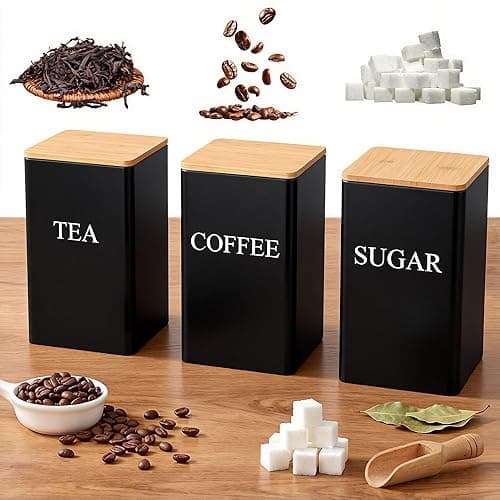 KAYIN Tea Coffee Sugar Canisters,850 ML Airtight Kitchen Storage Tins with Bamboo Lids, Metal Food Caddy Containers for Countertop Organisation, Set of 3, Black - Food Storage