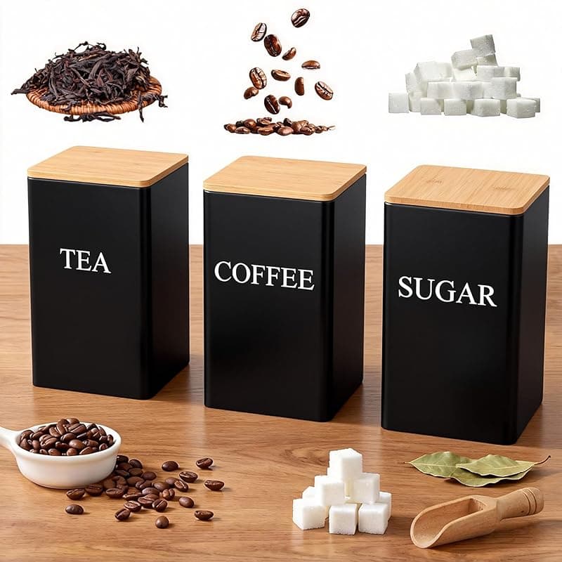 KAYIN Tea Coffee Sugar Canisters,850 ML Airtight Kitchen Storage Tins with Bamboo Lids, Metal Food Caddy Containers for Countertop Organisation, Set of 3, Black - Food Storage