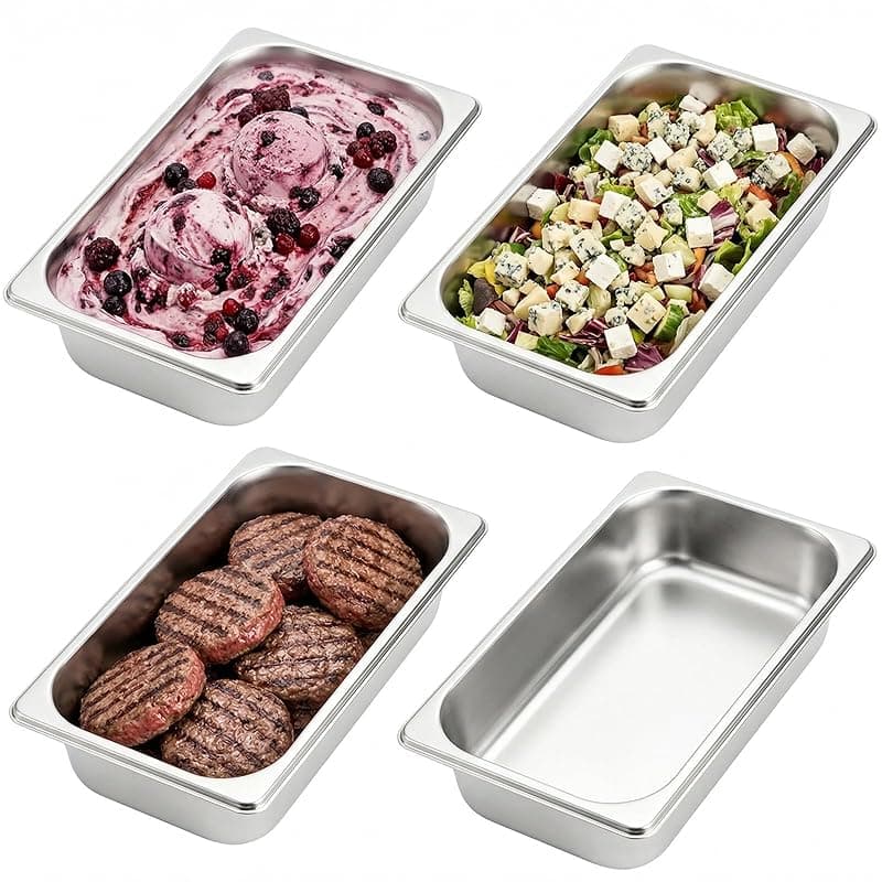 TOPZEA Set of 4 Stainless Steel Steam Table Pan 1/3 Size, 63mm Height Breading Tray, Buffet Dinner Food Serving Hotel Pan for Food Warmer, Preparing Bread-Crumb Dish, Marinating Meat, Capacity:2.4 L - Tableware