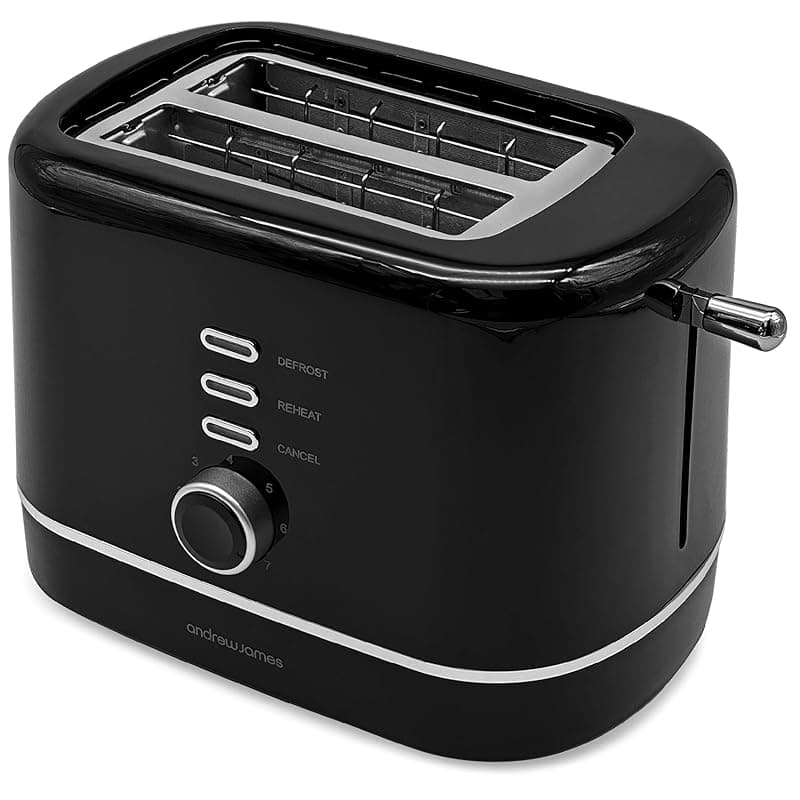 andrew james Toaster 2 Slice – Black 2 Slice Toaster with Silver Trim – Stylish & Modern, Adjustable Browning Control, Removable Crumb Tray, Ideal for Breakfast – Modern Kitchen Appliance - Toasters