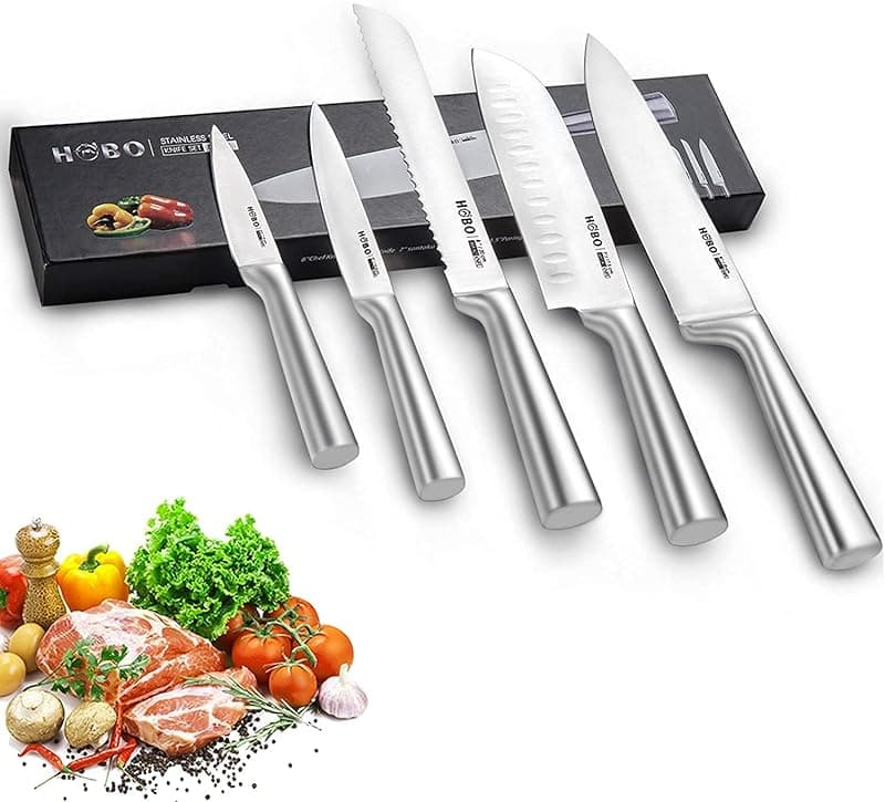 HOBO Knife Set, Professional 5-Piece Stainless Steel Kitchen Knife Set, Non-Slip Frosted Handle, Serrated and Standard Sharp Chef Knife, Bread Knife for Mincing, Chopping, Slicing. - Kitchen Knives