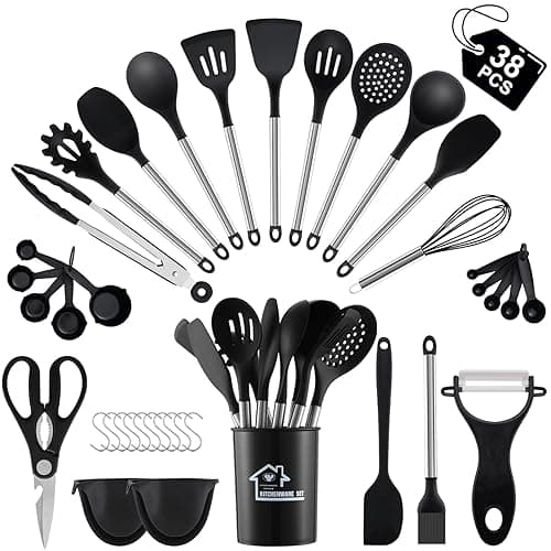 BEWOS 38 Pieces Kitchen Utensils Set, BEWOS Silicone Cooking Utensils Set with Spatula, Utensil Holder and Measuring Spoons, Nonstick Heat Resistant, Black Kitchen Gadgets, Stainless Steel Handle - Kitchen Tools Gadgets
