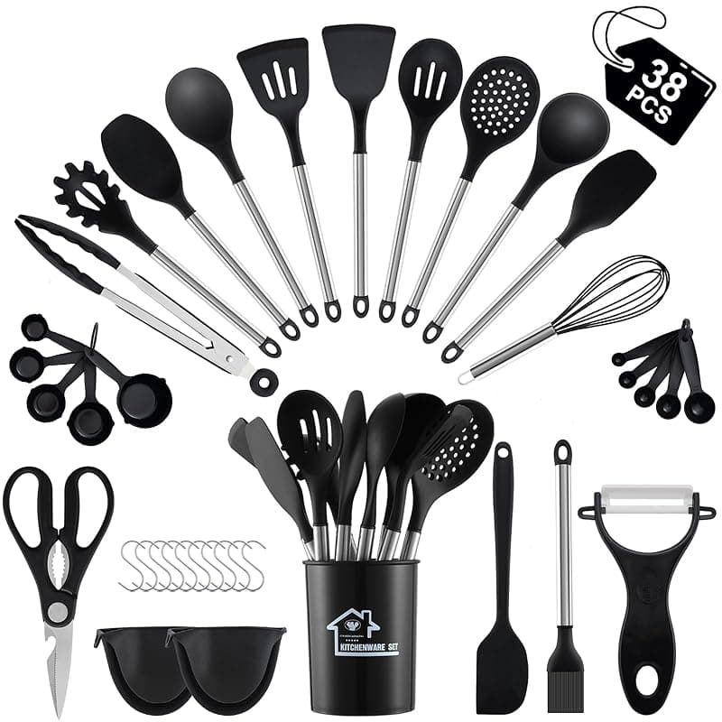 BEWOS 38 Pieces Kitchen Utensils Set, BEWOS Silicone Cooking Utensils Set with Spatula, Utensil Holder and Measuring Spoons, Nonstick Heat Resistant, Black Kitchen Gadgets, Stainless Steel Handle - Kitchen Tools Gadgets