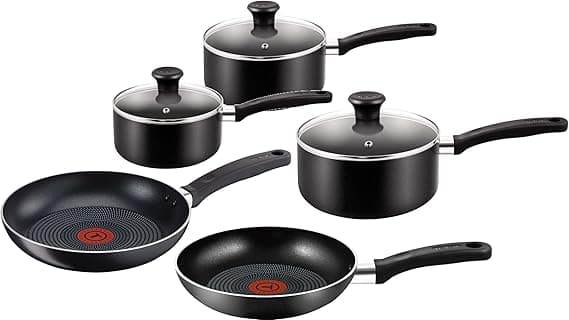 Tefal Essential 5-Piece Non-Stick Cookware Set: 3 Saucepans (16/18/20CM) with Lids, 2 Frying Pans (20/24CM), Compatible with All Hobs Except Induction Black - B472S545