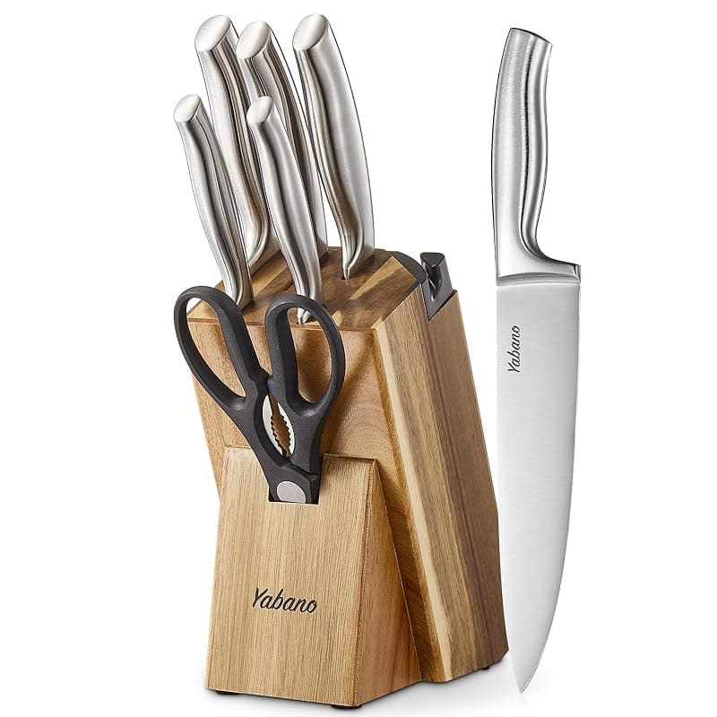 Yabano Kitchen Knife Set with Block, 7 Piece German Stainless Steel Knives Set with Built-in Sharpener, Chef Knife Set with Scissors and Acacia Wood Block, Professional Sharp Knives for Home Cooking - Kitchen Knives